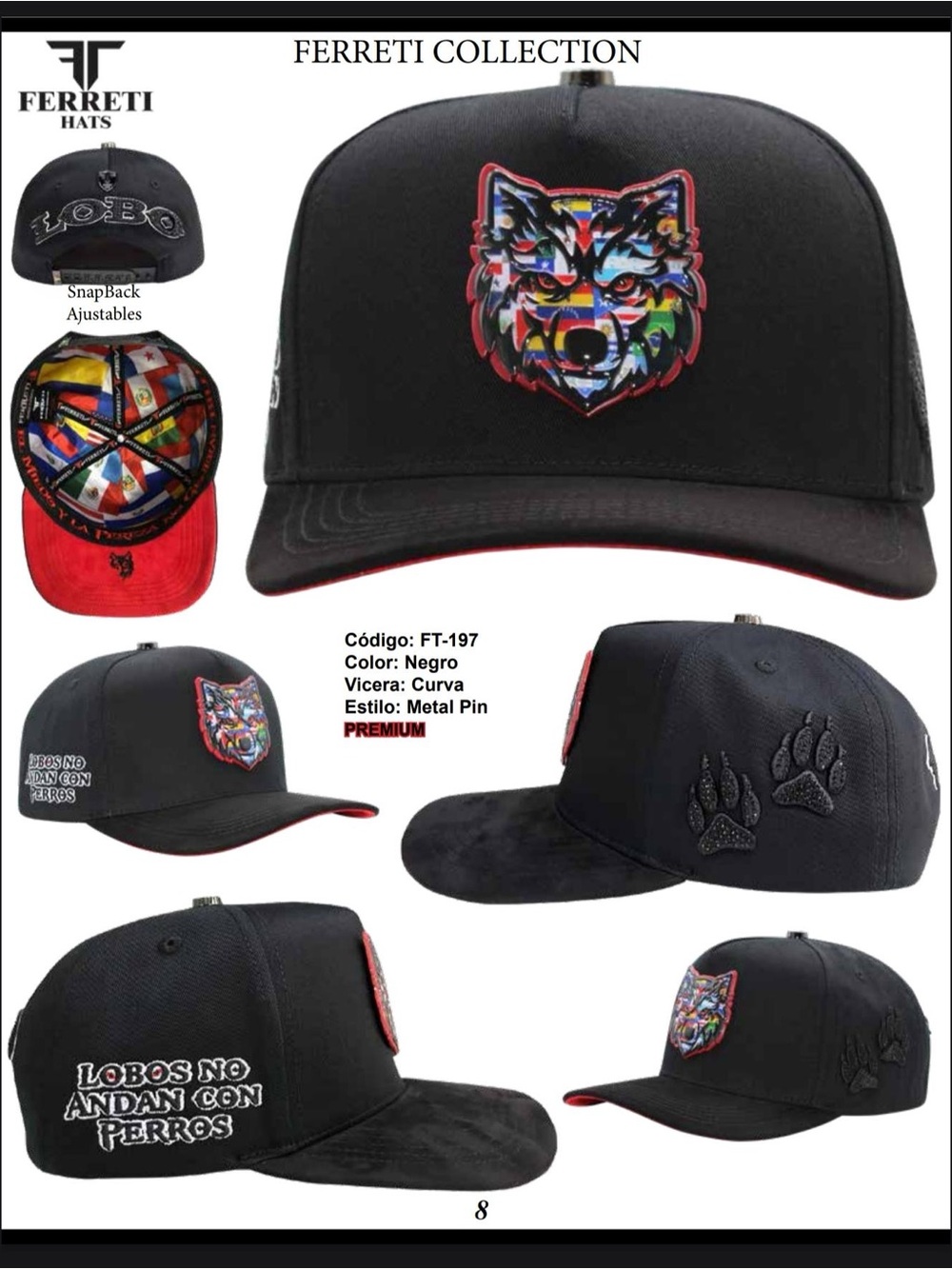 Ferreti Collection Black Snapback Hat with Multicolor Wolf Patch